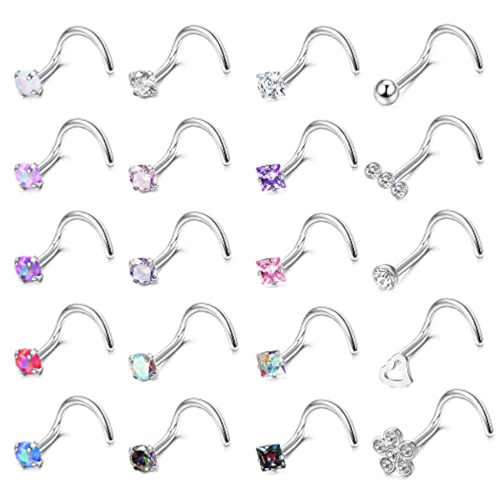 20pcs 20G Stainless Steel Nose Piercing Stud Set, Unisex